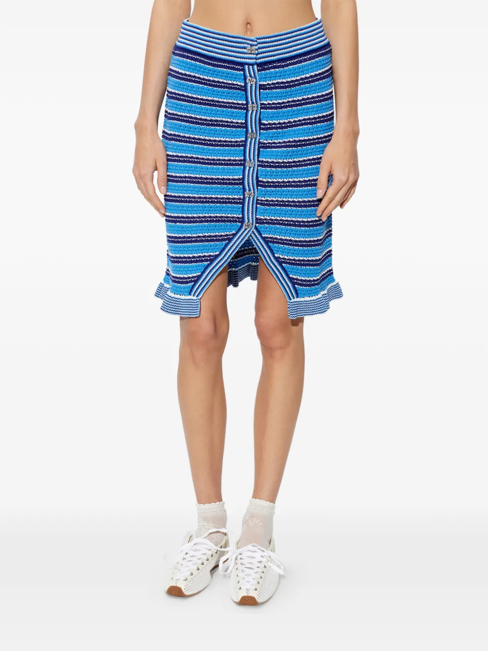GANNI Gestreepte midi-rok met ruches Blauw