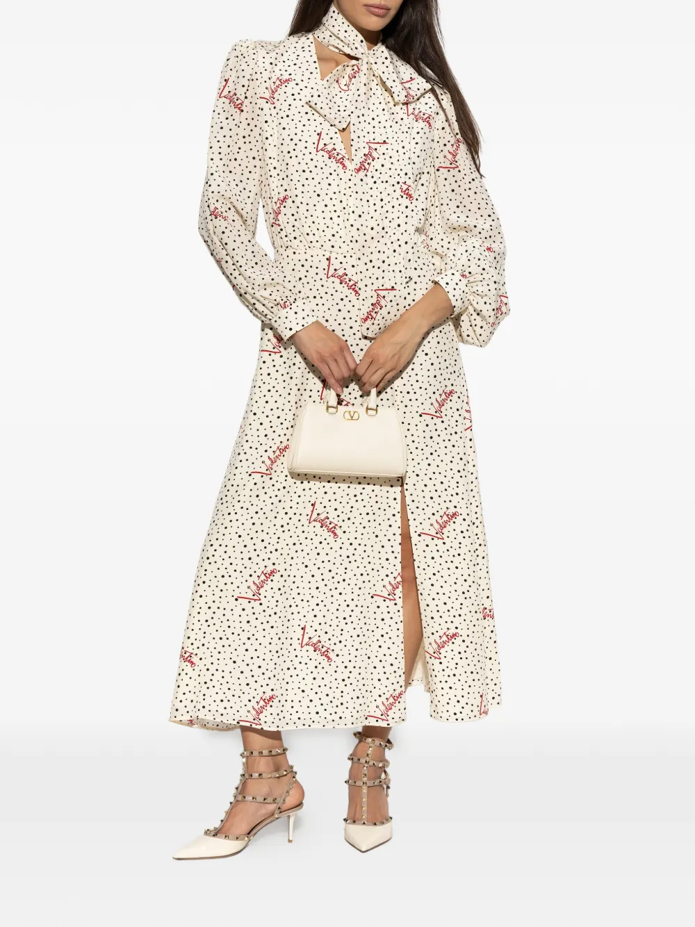 Valentino Garavani Jurk met strik en stippen Beige