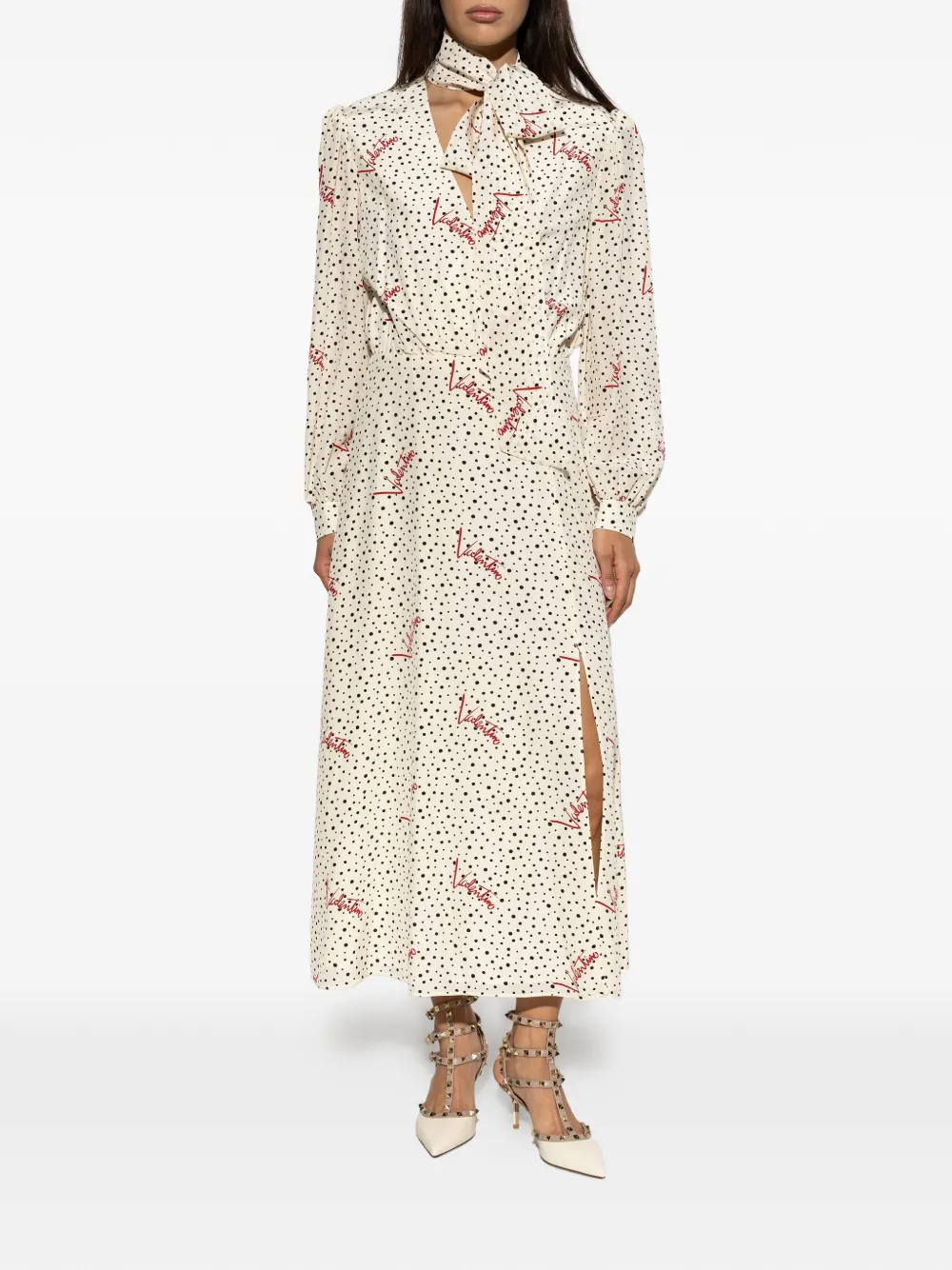 Valentino Garavani Jurk met strik en stippen Beige