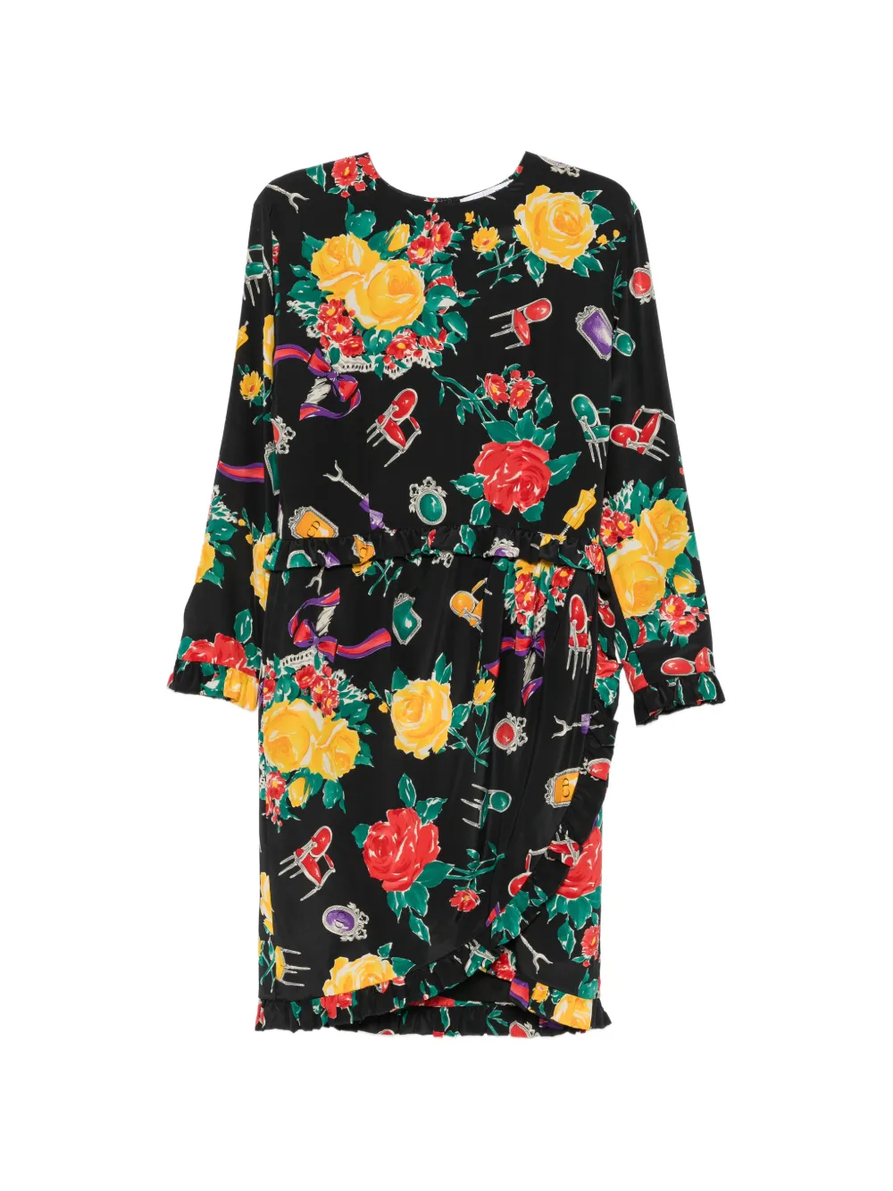 Christian Dior Pre-Owned 1990s floral-print ruffled midi dress - Nero