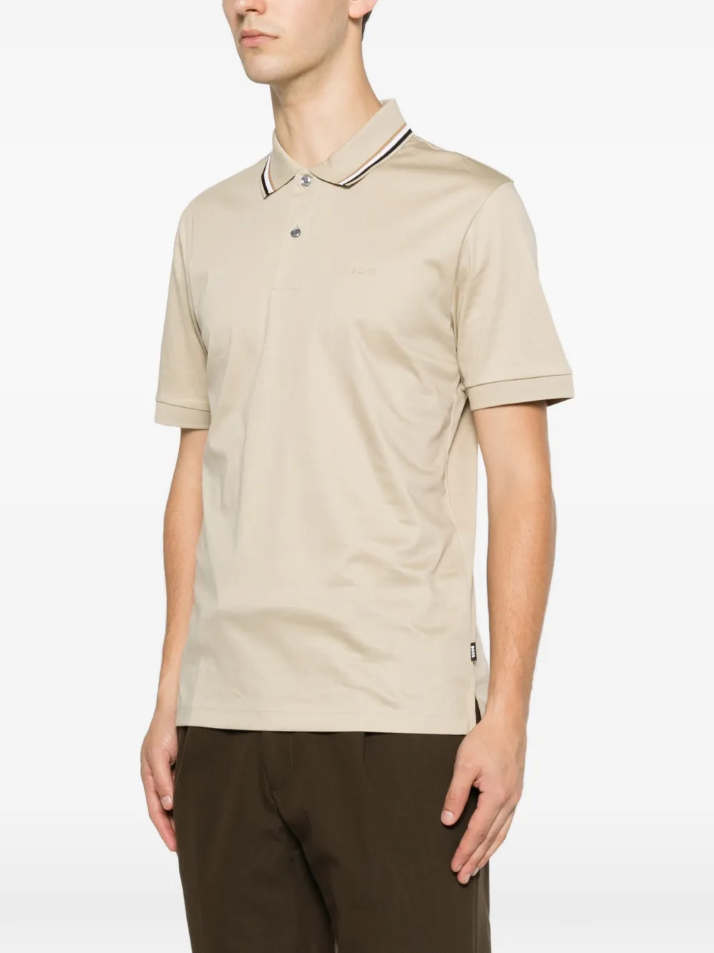 BOSS Slim-fit katoenen poloshirt met gestreepte kraag Beige