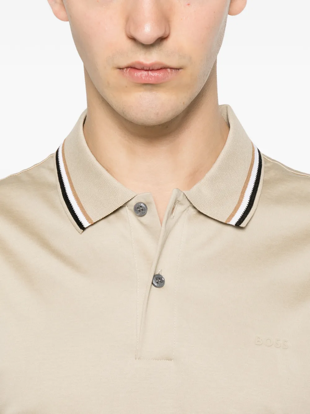BOSS Slim-fit katoenen poloshirt met gestreepte kraag Beige