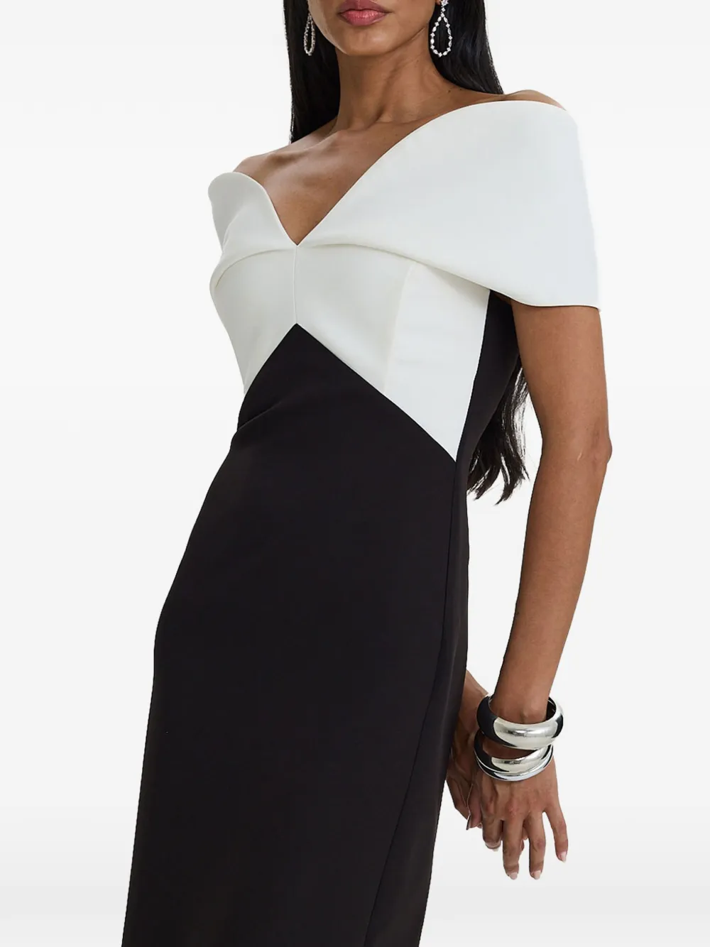 MOOS STUDIO Off-shoulder avondjurk met colourblocking Zwart