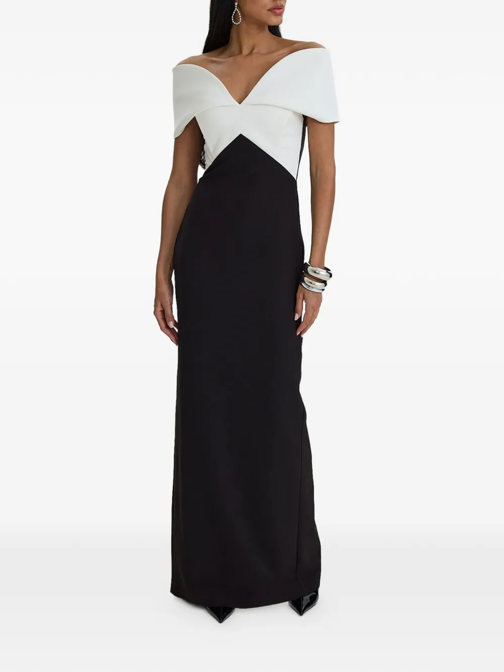 MOOS STUDIO Off-shoulder avondjurk met colourblocking Zwart
