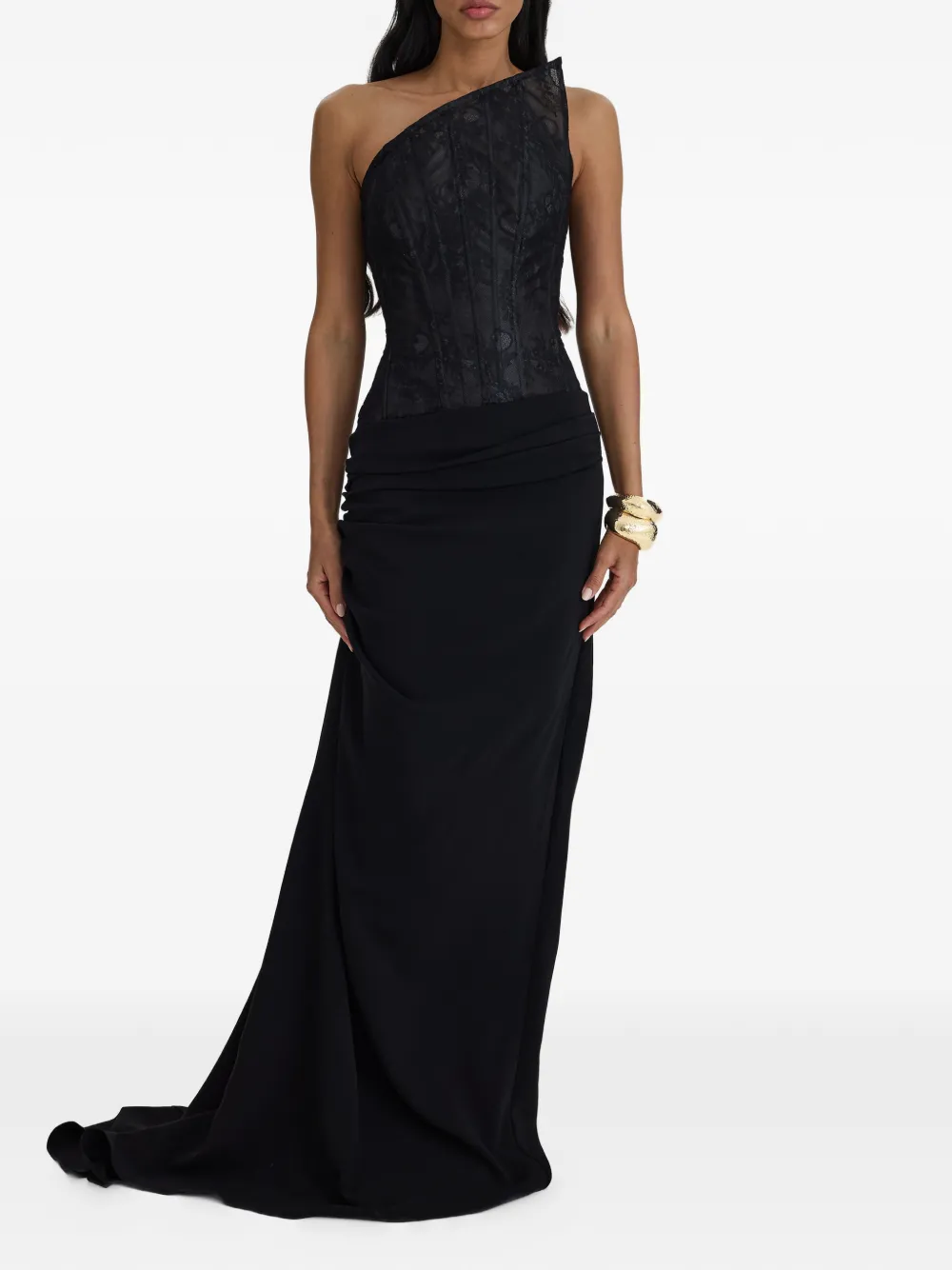 MOOS STUDIO lace-panelled asymmetric-neck maxi dress - Nero
