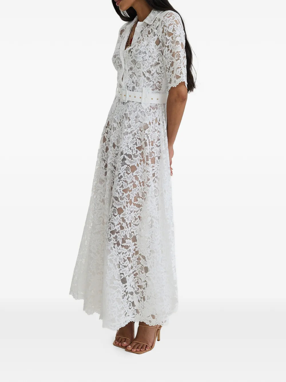 MOOS STUDIO Reverie maxi-jurk met ceintuur en bloemenkant Wit