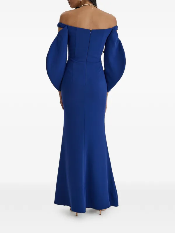 off shoulder balloon sleeve dress Surplice Off Shoulder Midi Dress with Balloon Sleeves