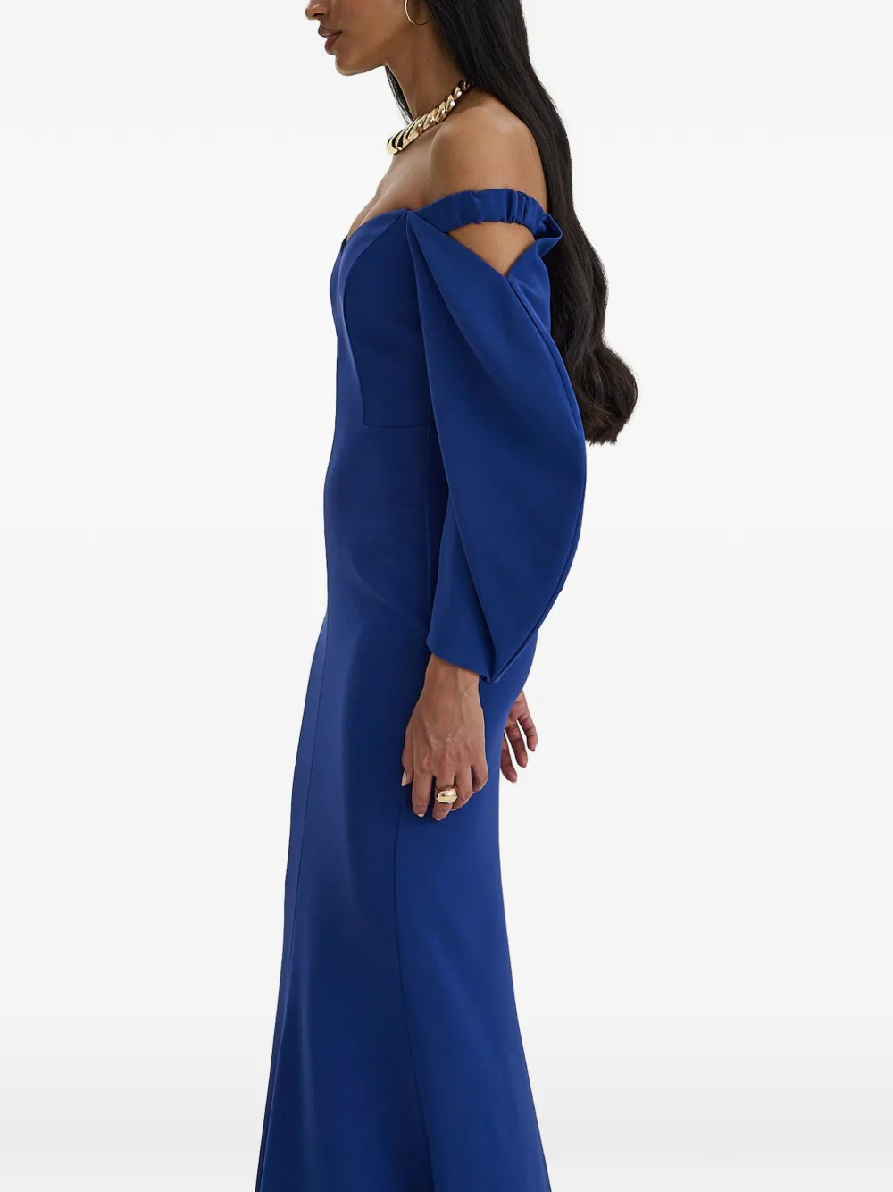 MOOS STUDIO Muse asymmetrische avondjurk met podmouw Blauw