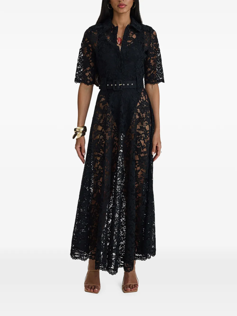 MOOS STUDIO Reverie kanten maxi-dress met ceintuur Zwart