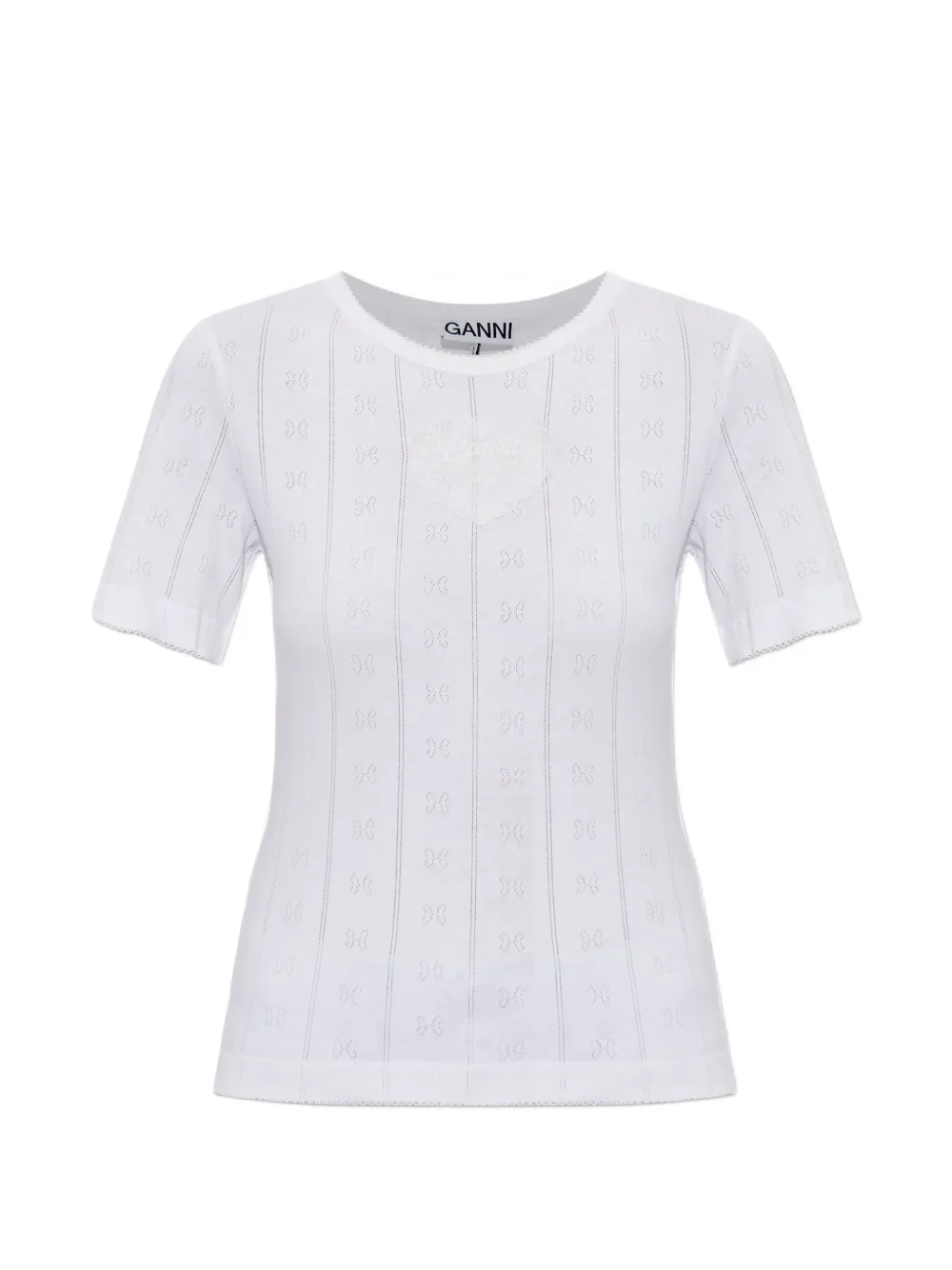 GANNI pointelle-knit logo-patch T-shirt - Weiß