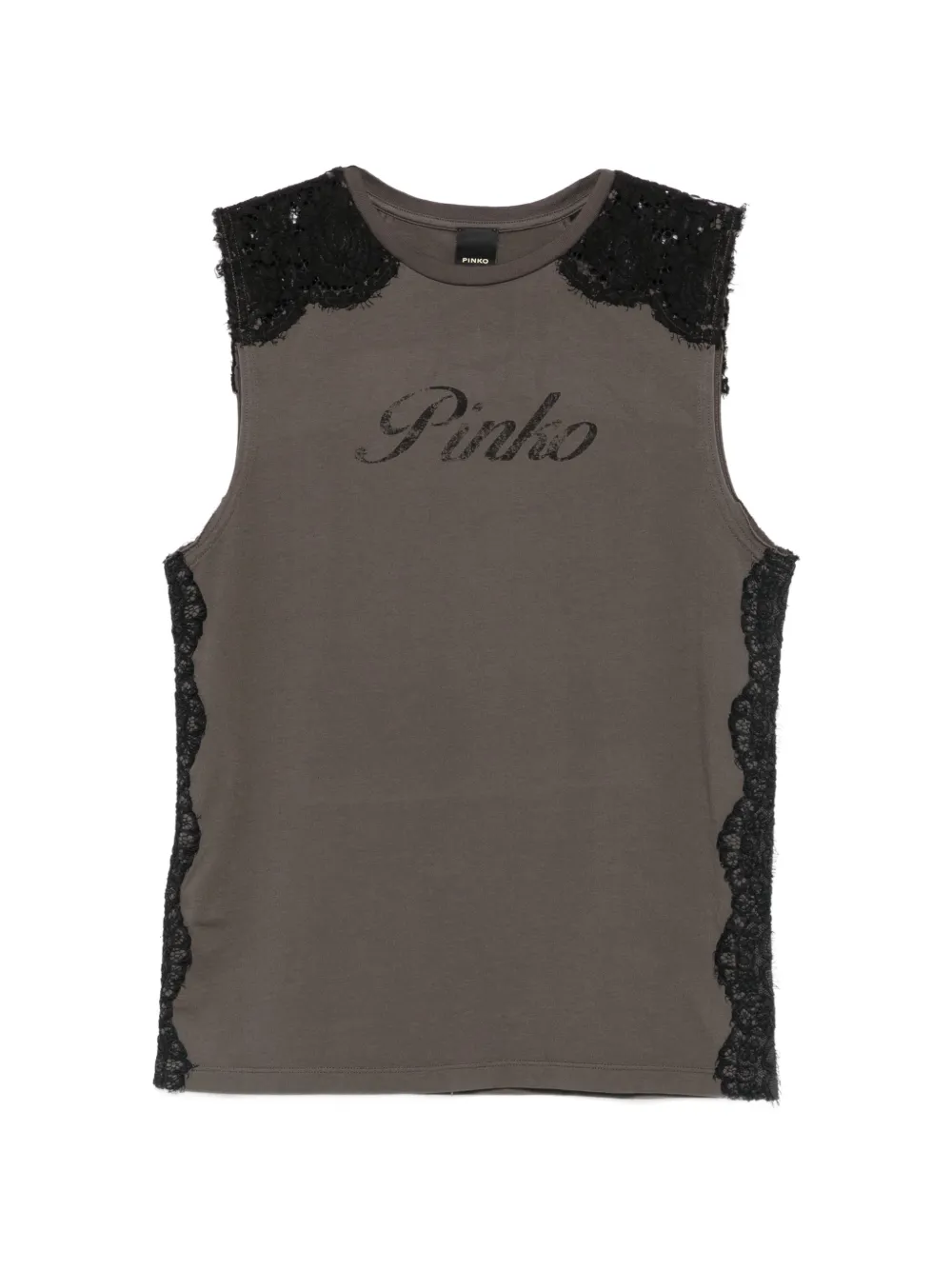 PINKO lace-panelled logo-print top - Marrone