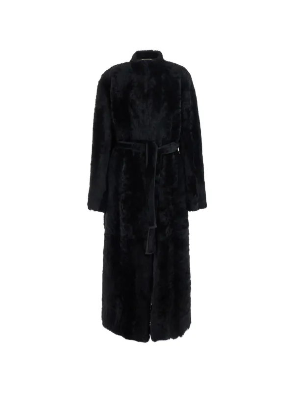 Nour Hammour Belted Shearling Robe Coat in Black