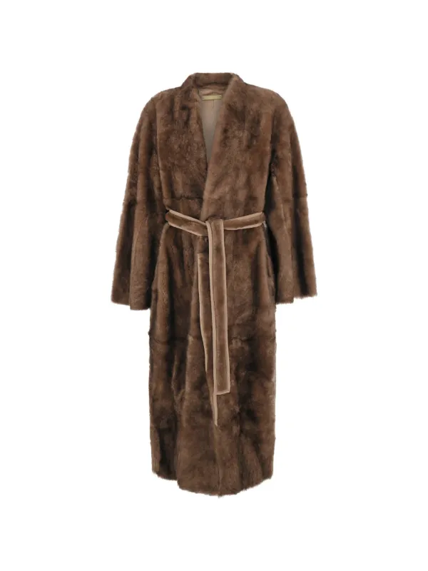 Nour Hammour Belted Shearling Robe Coat in Brown