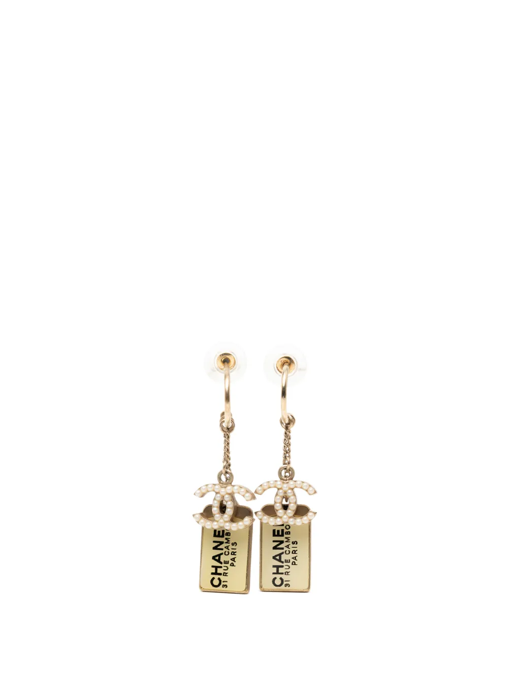 CHANEL Pre-Owned 2000-2026 CC Gold Plated and Faux Pearls Nametag Drop Push Back Earrings costume earrings - Oro