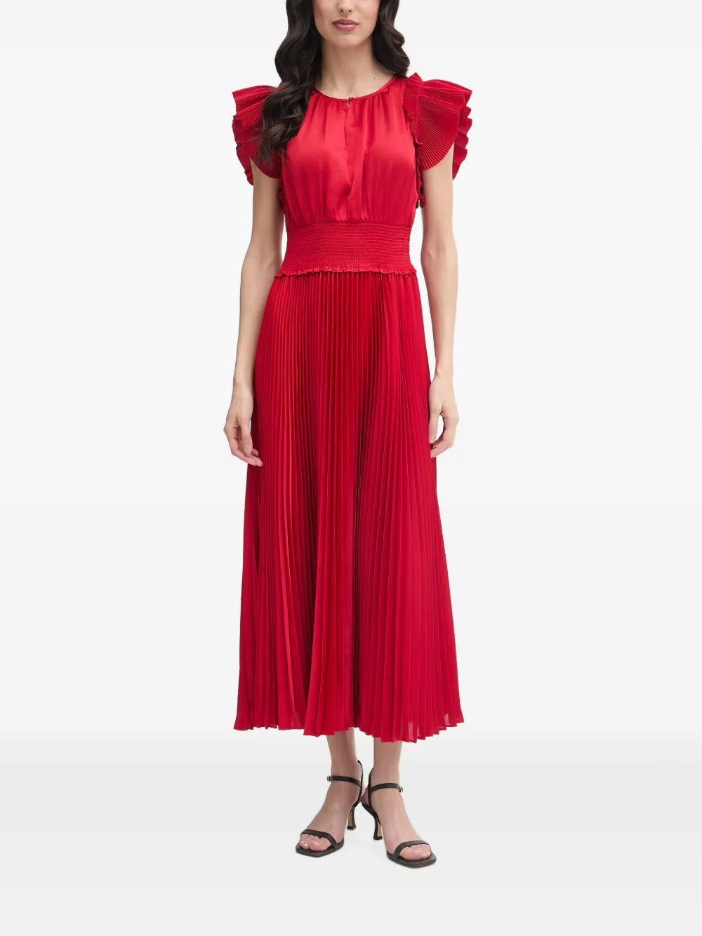Joop! pleated ruffled-sleeve midi dress - Rosso