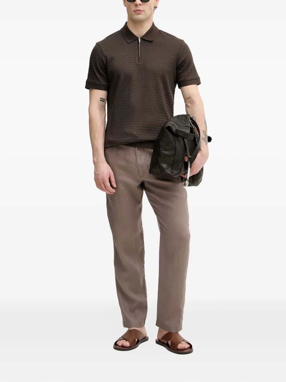 Joop! Franciscojose poloshirt met mandweefsel en ritssluiting Bruin
