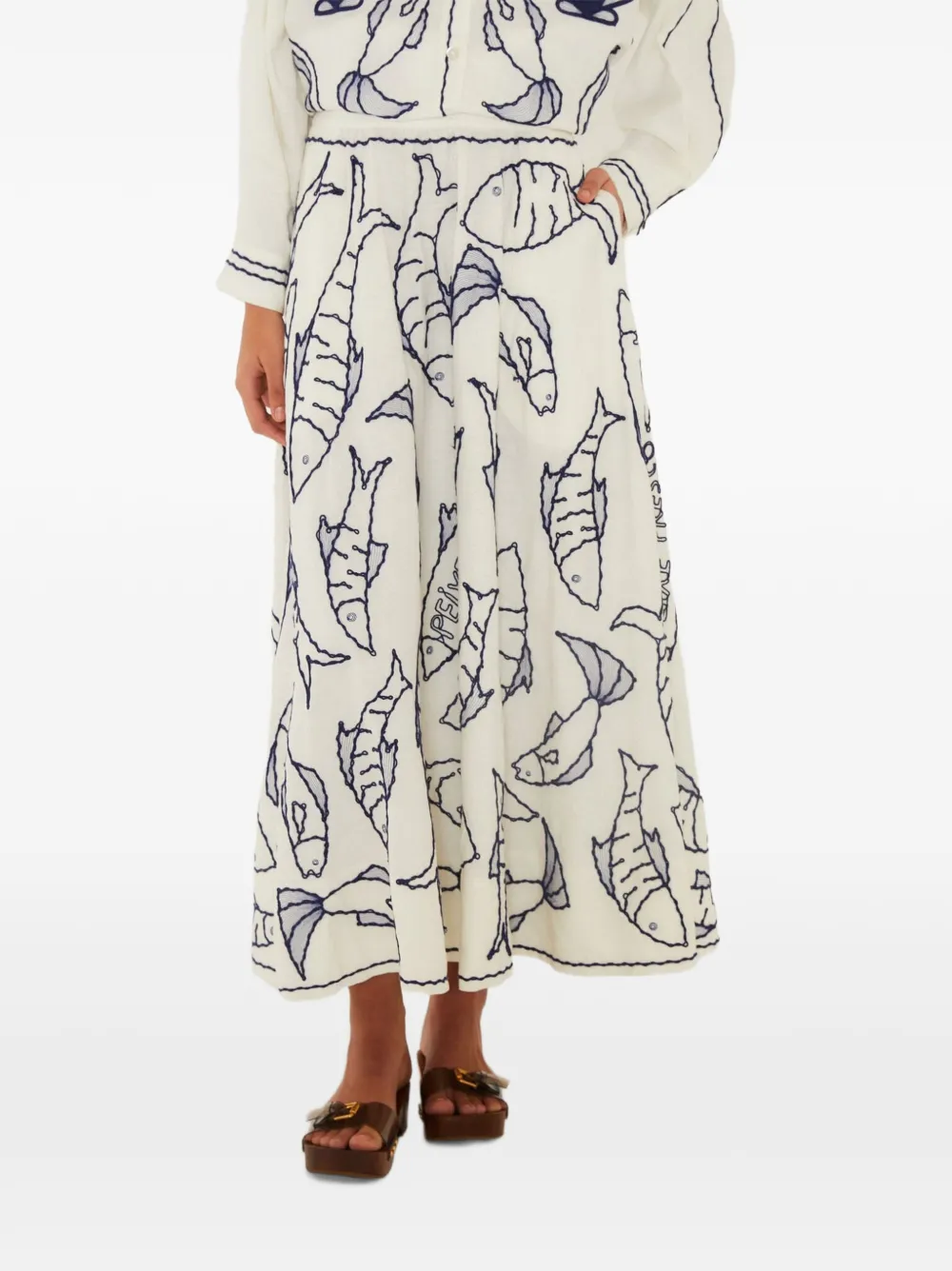 FARM Rio fresh fish embroidered midi skirt