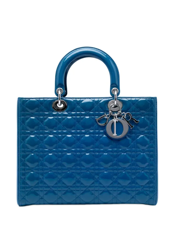 Dior Pre-owned 2014 Large Patent Cannage Lady Dior Satchel in Blue