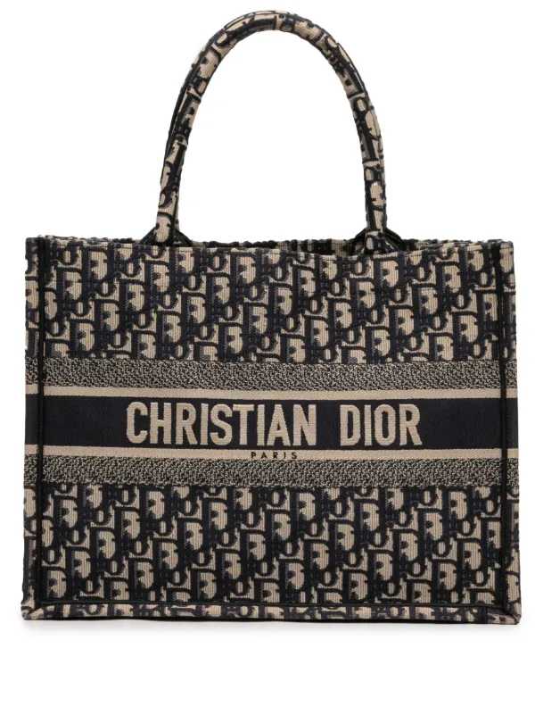Dior Pre-owned 2021 Medium Oblique Embroidered Canvas Book Tote Bag in Blue