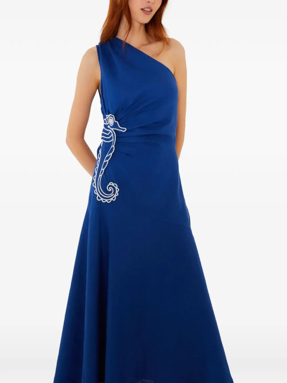 FARM Rio Asymmetrische maxi-jurk met geborduurd zeepaard Blauw