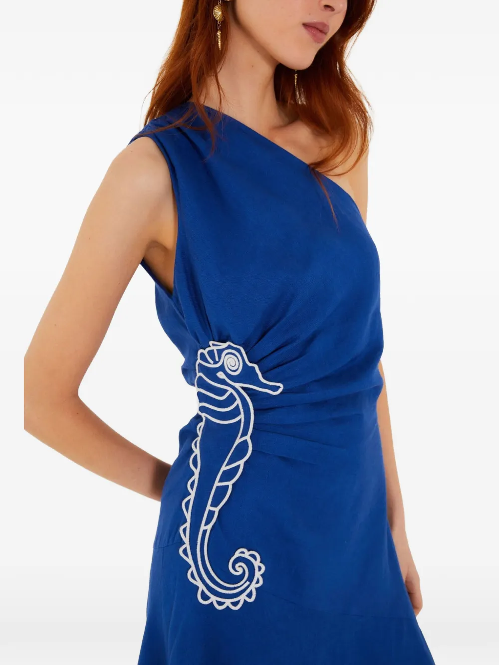 FARM Rio Asymmetrische maxi-jurk met geborduurd zeepaard Blauw