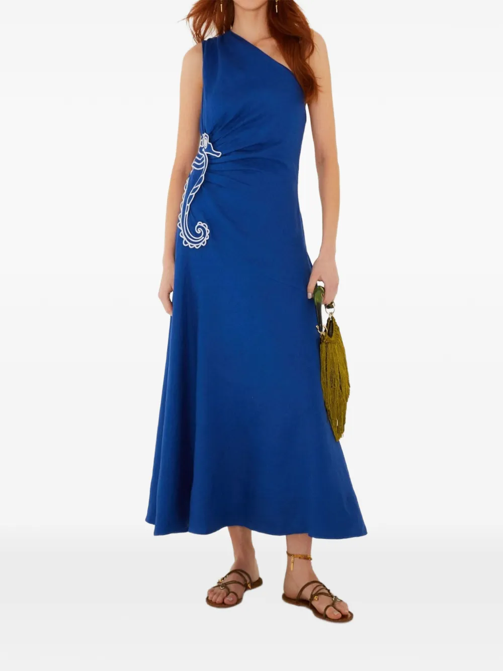 FARM Rio Asymmetrische maxi-jurk met geborduurd zeepaard Blauw