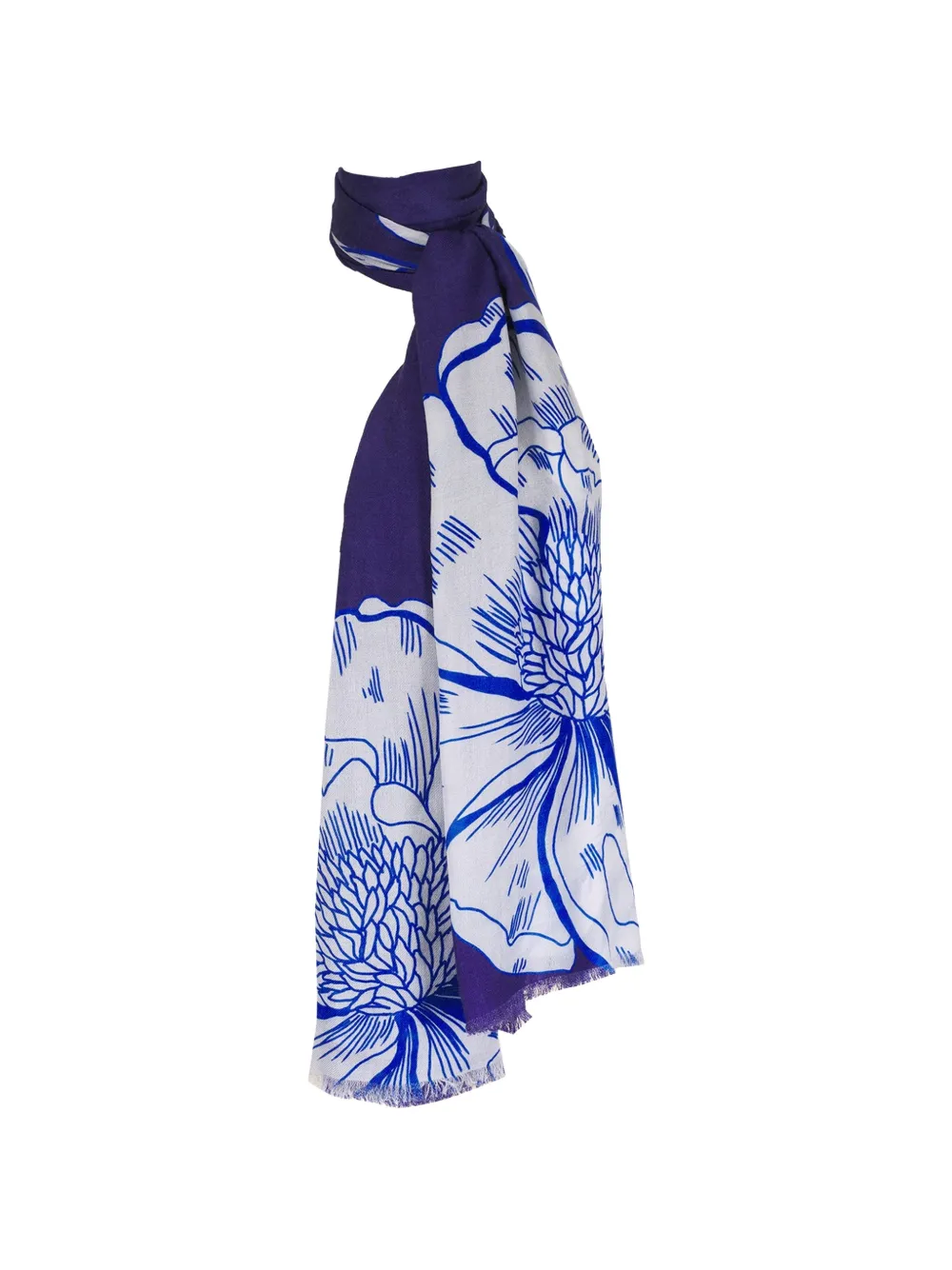 Kinross Cashmere floral-print fringed scarf - Blau