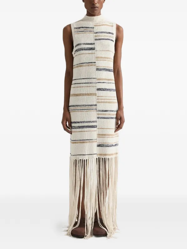 Twp Fringe-trim Striped Dress in Neutrals