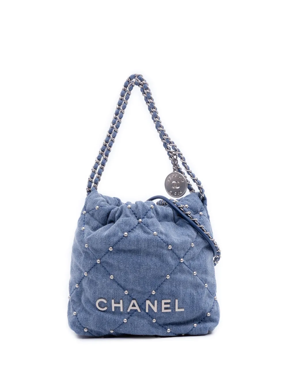 CHANEL Pre-Owned 2021-2026 Mini Denim Studded 22 Handbag satchel - Blu