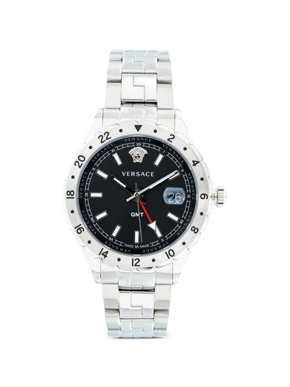 Versace Greca Gmt 42mm Watch In Silver