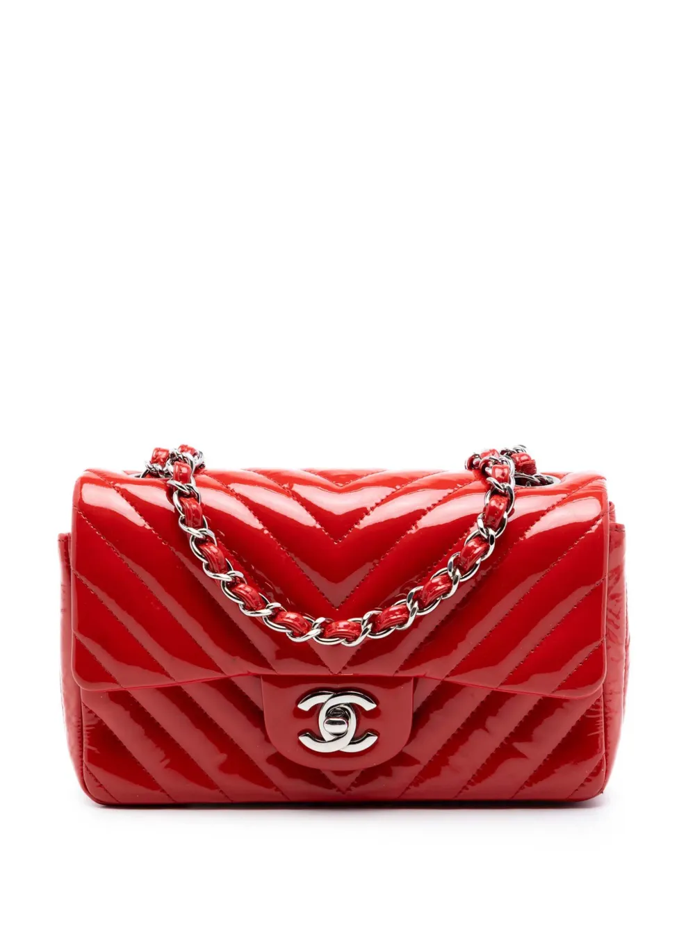 CHANEL Pre-Owned 2015-2016 Mini Rectangular Classic Chevron Patent Single Flap crossbody bag - Rosso