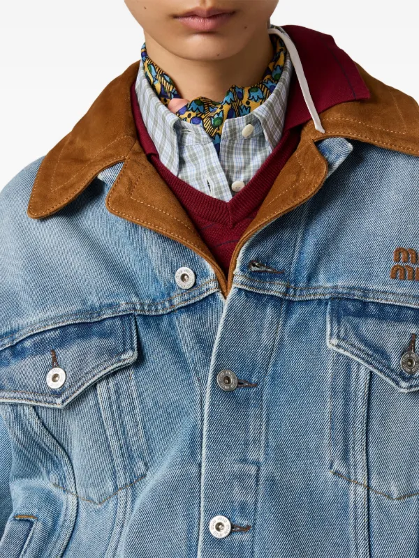 Miu Miu leather-collar raw-hem Denim Jacket | Blue | FARFETCH SG