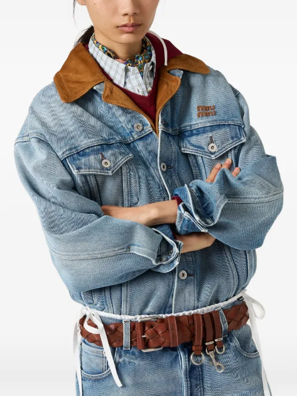Miu Miu leather-collar raw-hem Denim Jacket | Blue | FARFETCH SG