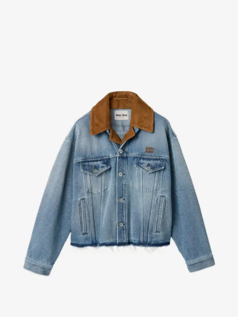 Miu Miu leather-collar raw-hem denim jacket