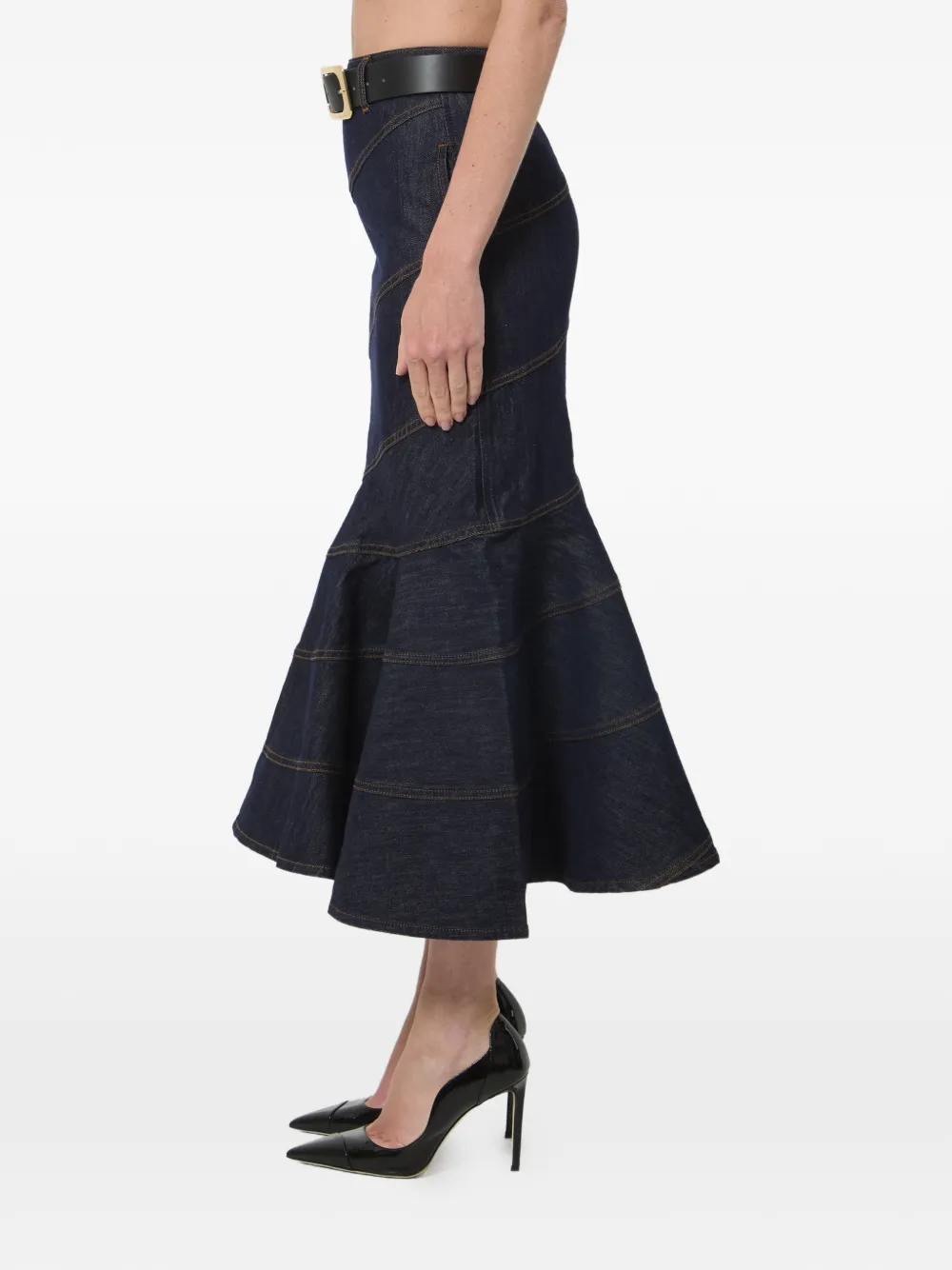 Self-Portrait Denim midi-rok met ceintuur Blauw