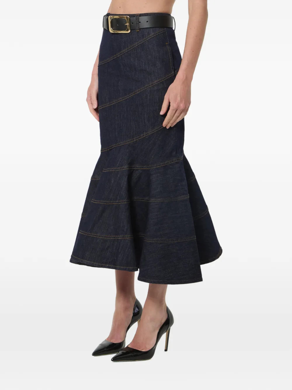 Self-Portrait Denim midi-rok met ceintuur Blauw