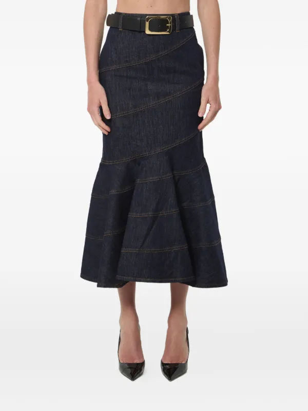 Self-Portrait Indigo Denim Belted Midi Skirt in Blue