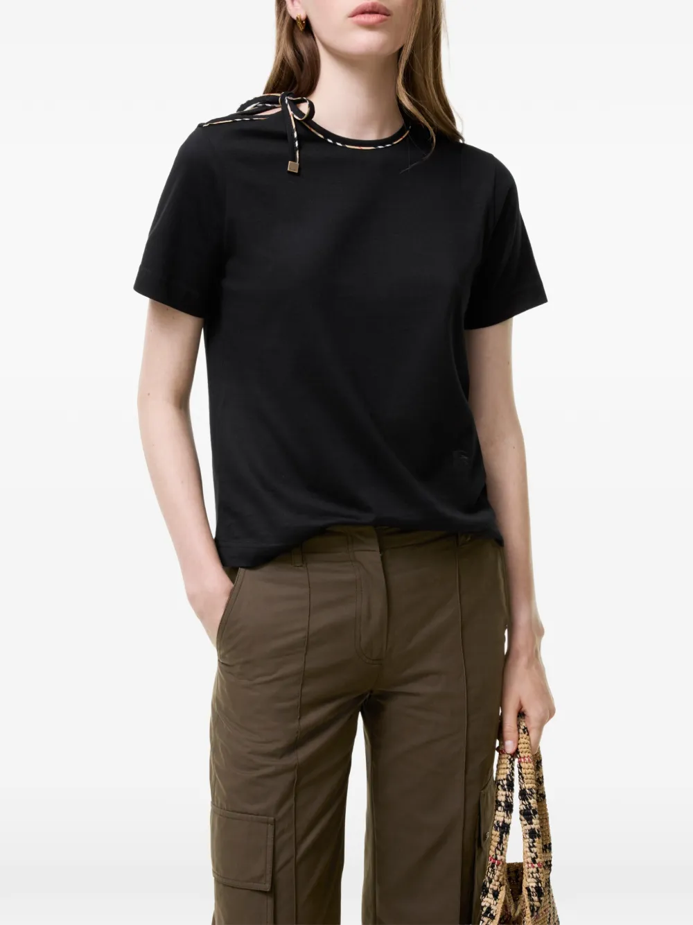 Burberry T-shirt met geruite afwerking en geborduurd logo Zwart