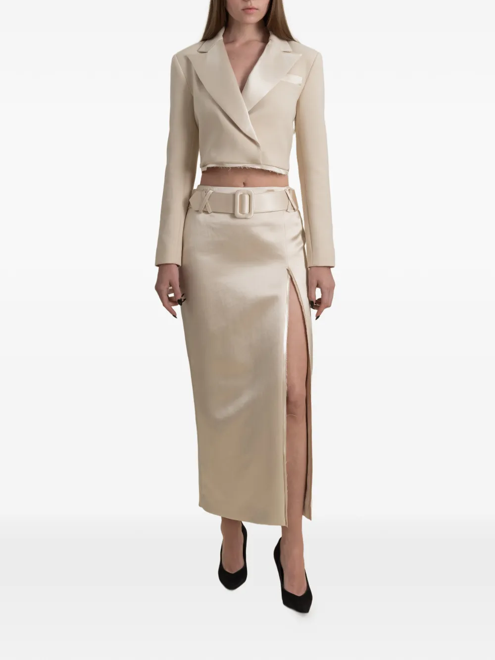 Contessa Mills Morgaine rok met ceintuur en zijsplit Beige
