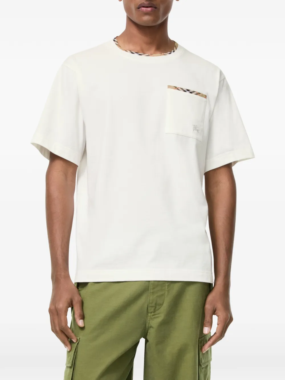 Burberry T-shirt met geruite afwerking en zak Wit