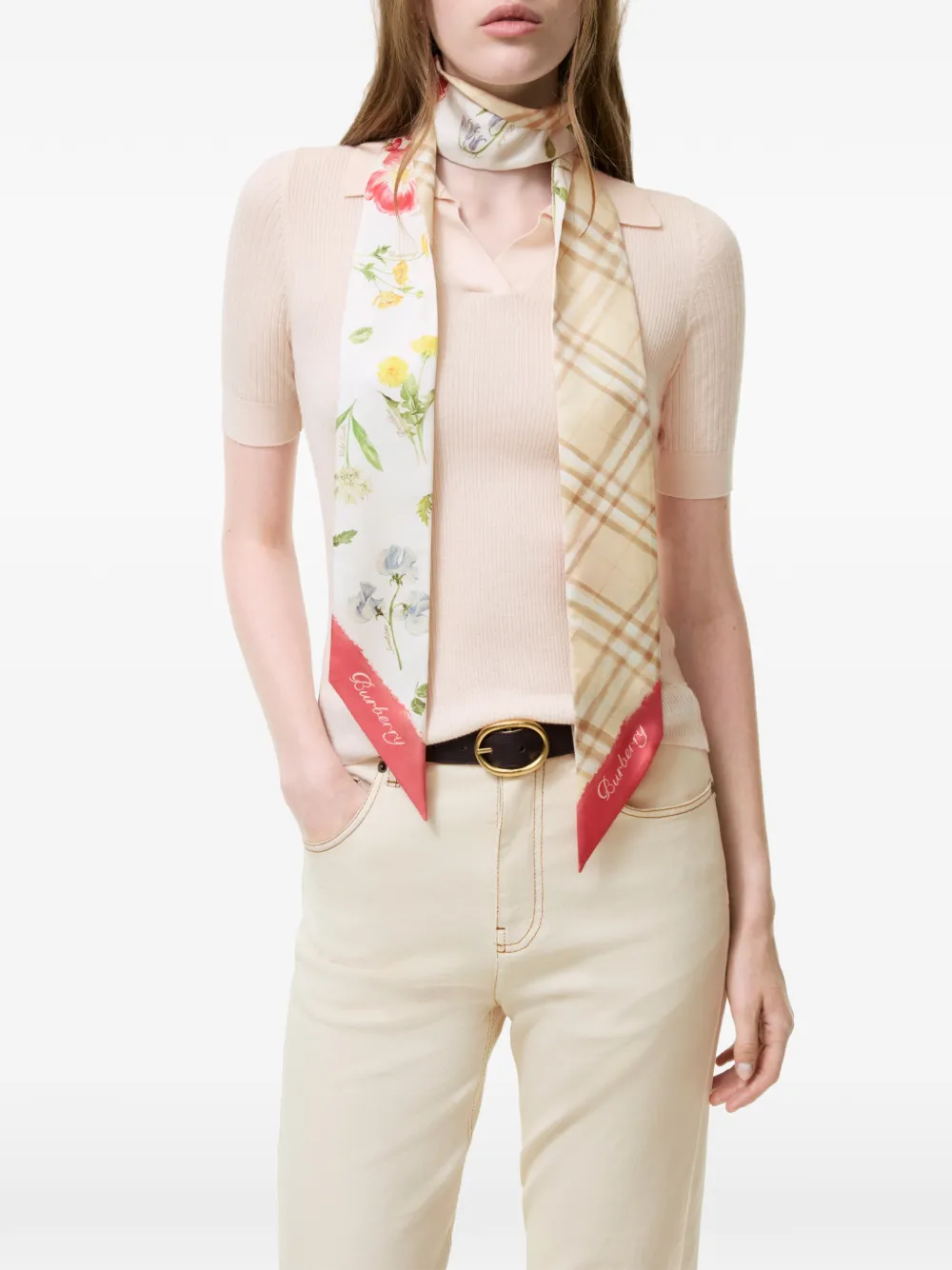 Burberry Skinny Blooms of Britain zijden sjaal Beige