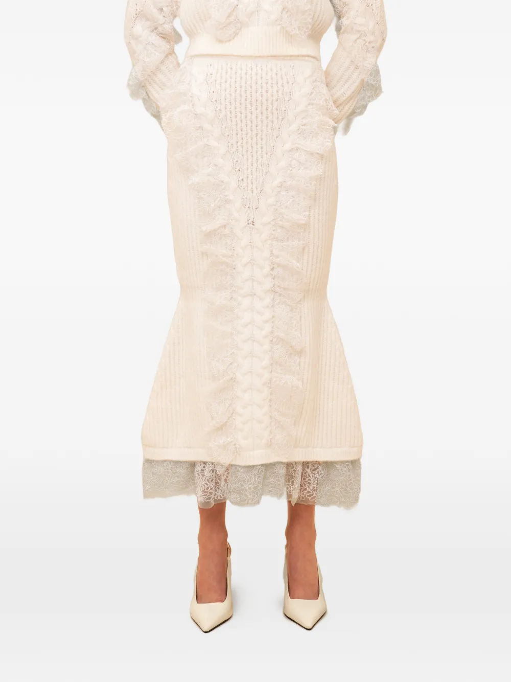 Contessa Mills Wildes lace-trimmed cable-knit skirt - Bianco