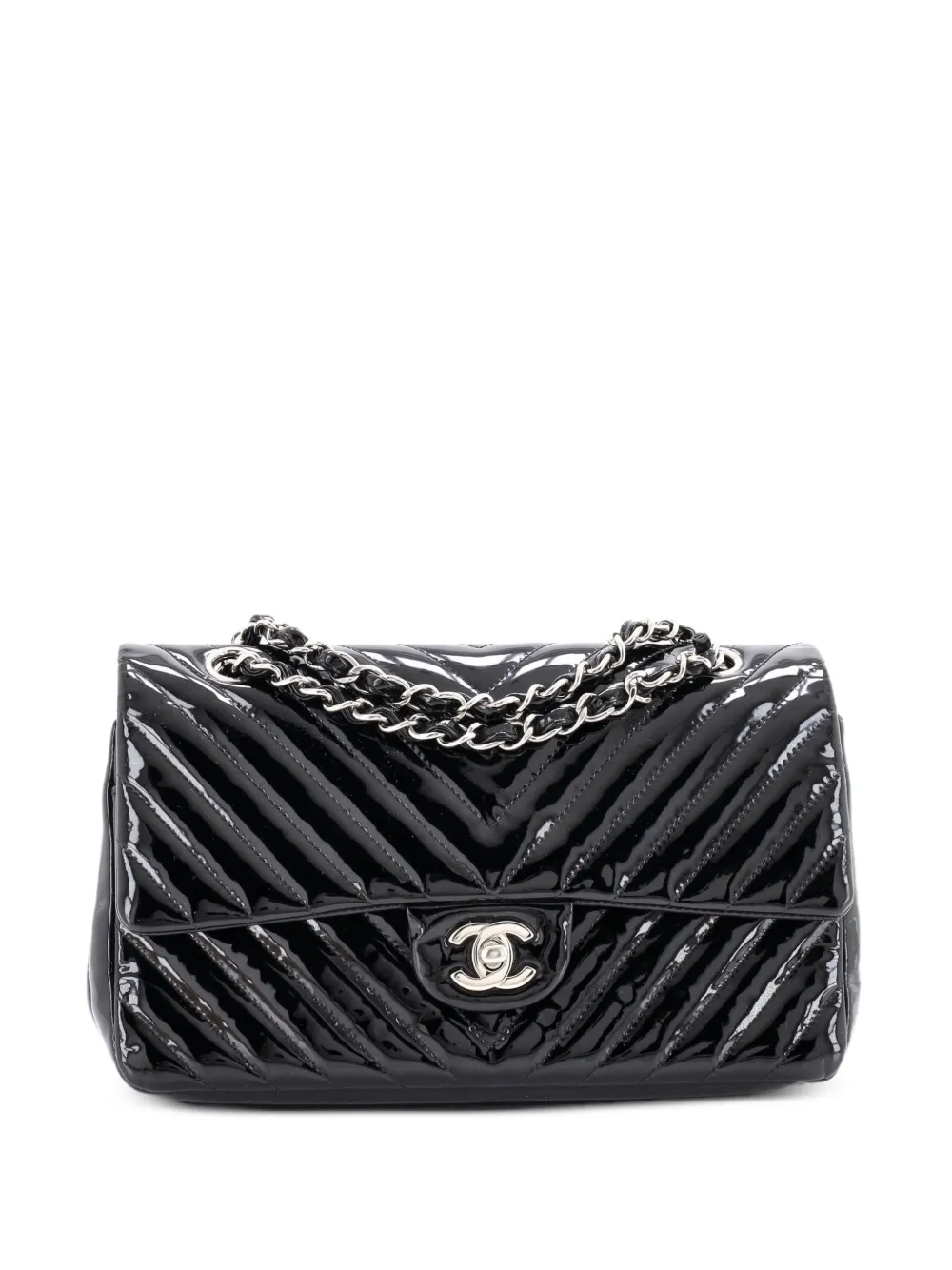 CHANEL Pre-Owned Classic Double Flap Bag Chevron Patent Medium shoulder bag - Black