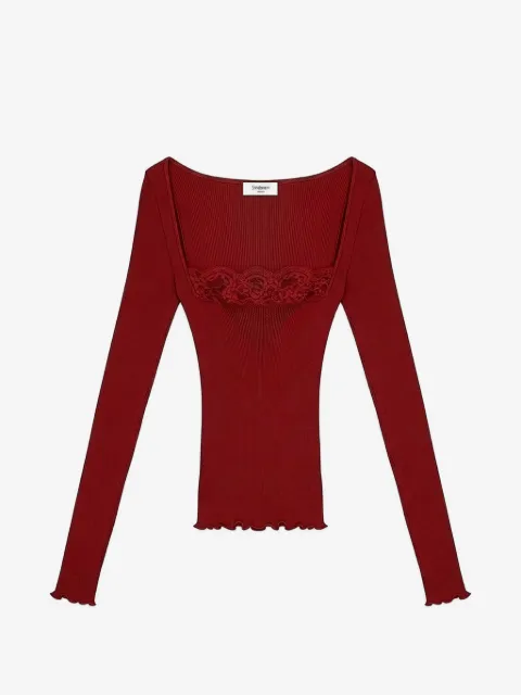 Saint Laurent lace-trim ribbed top