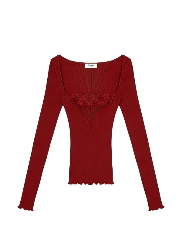 Saint Laurent Lace-trim Ribbed Top in Red