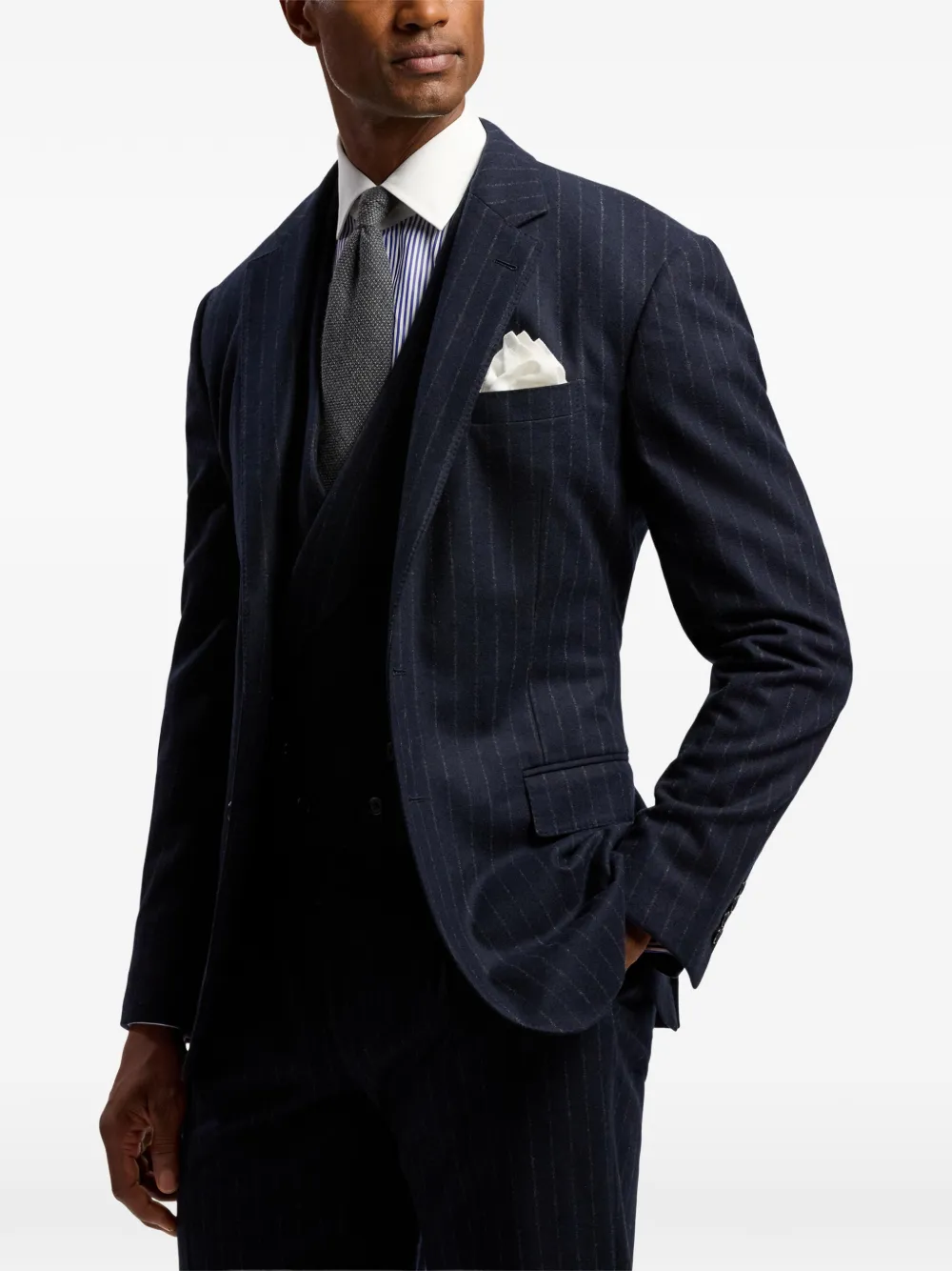 Ralph Lauren Purple Label Kent wollen pak met krijtstreep en enkele rij knopen Blauw