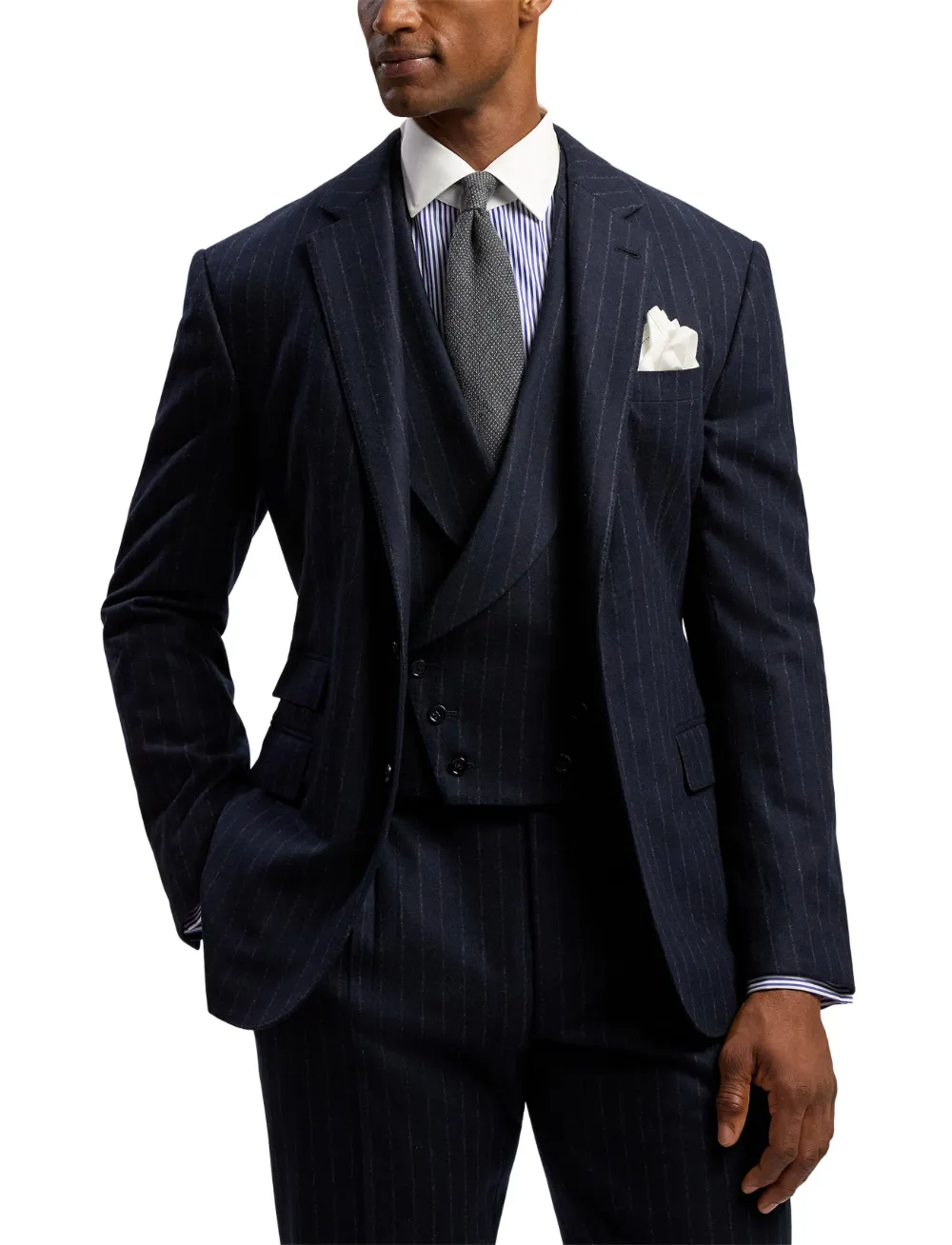 Ralph Lauren Purple Label Kent wollen pak met krijtstreep en enkele rij knopen Blauw