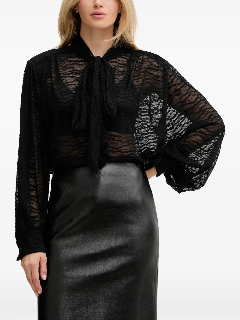 Haveone blouse à col lavallière en dentelle - Noir