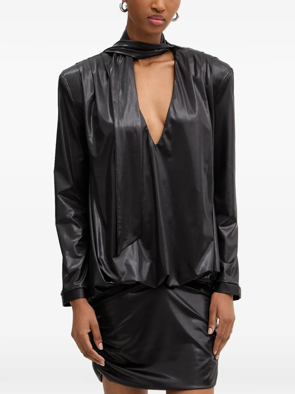 Haveone Pussy-bow Draped Midi Dress In Black