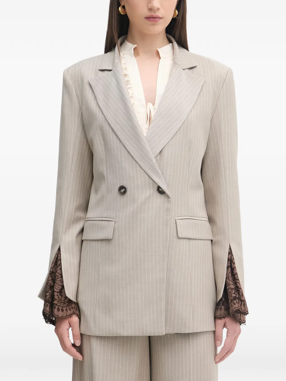 Haveone lace-trim double-breasted blazer
